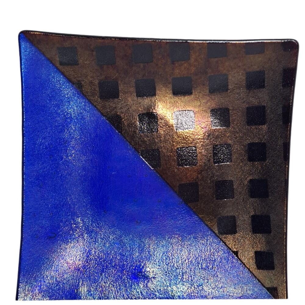 Kurt McVay Dichroic Iridescent Fused Art Glass Plate 7 Inches Square Blue Signed